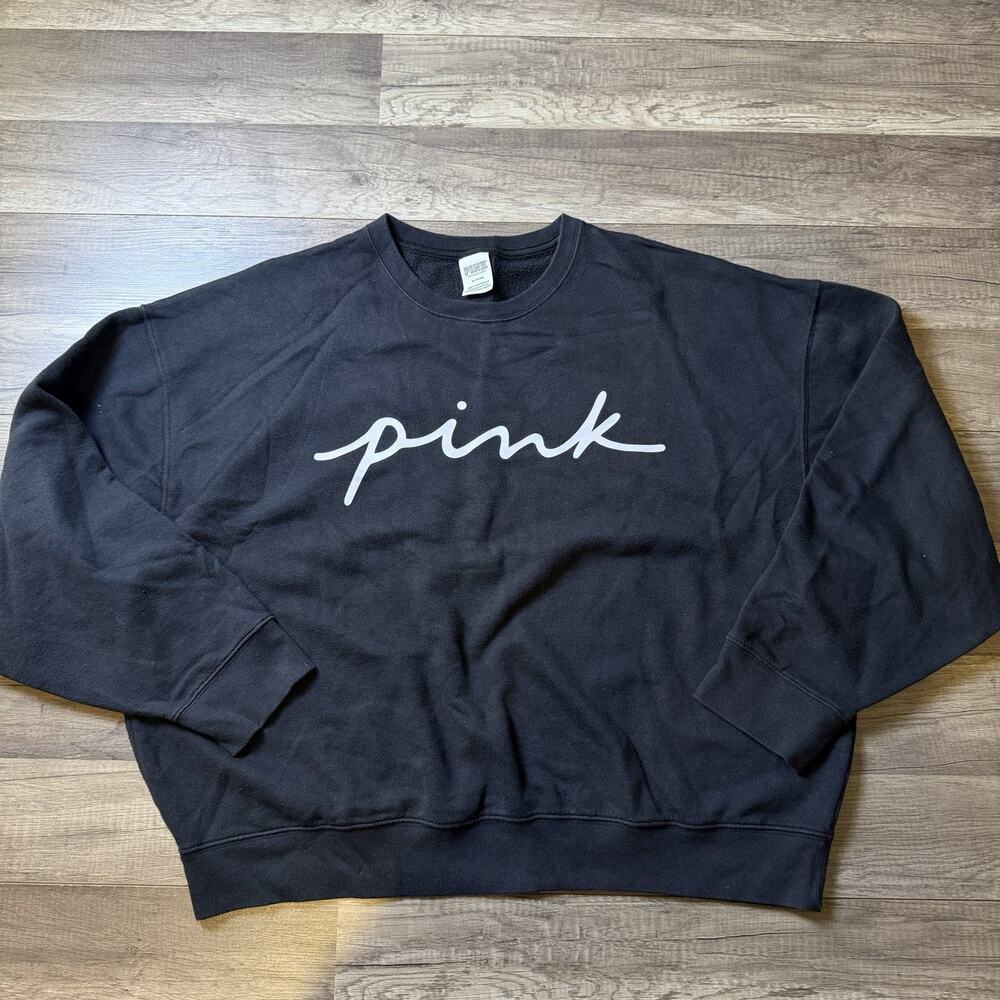 Victorias Secret Pink Sweatshirt Womens Medium Black Crew Neck Logo Sweater